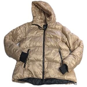 Sam Edelman Gold Puffer Jacket Womens Large Hooded Zip Quilted Winter Coat